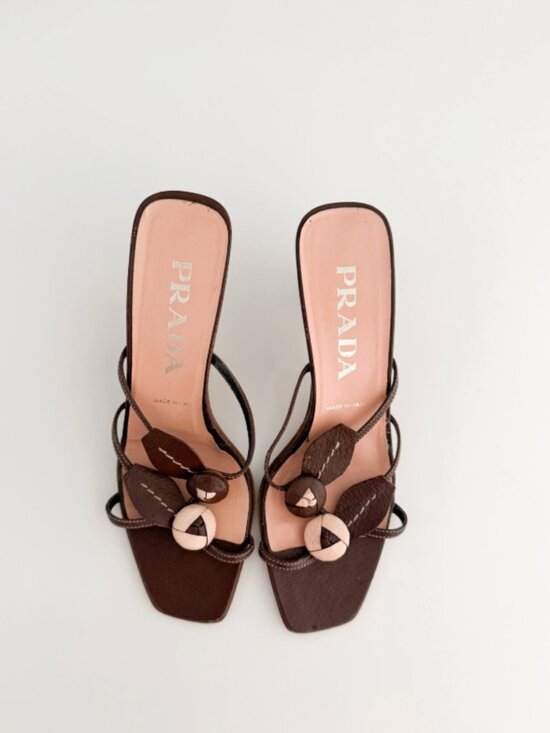 Prada Shoes - Prada 1990s brown rosebud kitten heels mules strappy leaf flower sandals 38